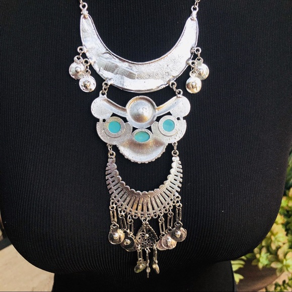 Boho Silver & Turquoise Tassel Choker Necklace - Picture 5 of 7